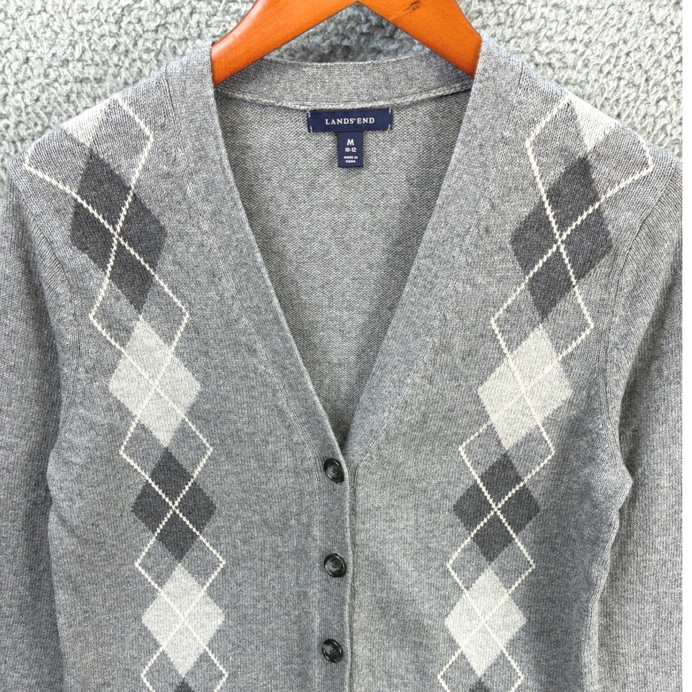 Lands End Argyle V-Neck Cardigan Sweater Womens M 10-12 Gray Wool Blend Preppy - Picture 2 of 10